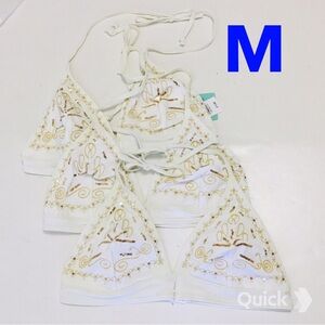 M - NWT 3 pcs Elegant White / Gold Sequin Triangle Bikini Top